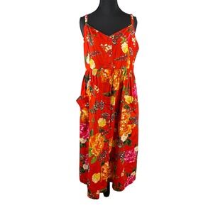 TRUTH NYC‎ Women Dress Red Cotton Size L Floral Button Front Midi Strappy Sleeve